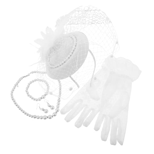 LIOOBO Weißes Tea Party Damen mit Spitzenhandschuhen Schleier Perlenarmband Ohrringen Vintage Pillbox Hut für Hochzeit Nachmittagstee Stilvolle Veranstaltungen von LIOOBO