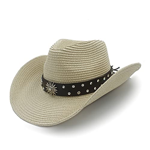LIOONS Herren Strohhut Western Cowboyhut for Gentleman Sombrero-Mützen mit Ledergürtel (Farbe : Beige, Größe : 56-58cm) von LIOONS