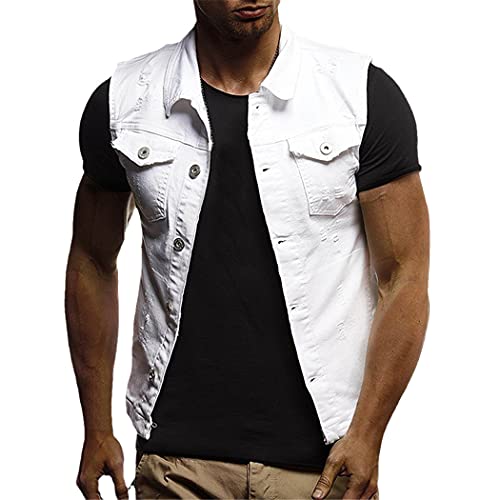 Herren Slim Fit ärmellose Jeansjacke Sommer Klassische Denim Weste Schwarz Umlegekragen Jeans Weste, weiß, M von LIOPJH