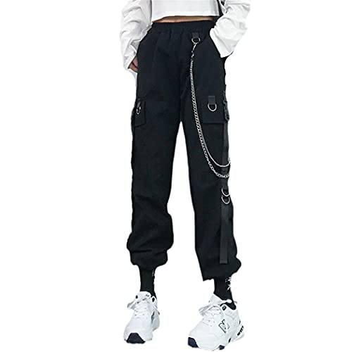 LIOPJH Damen-Cargohose, große Taschen, hohe Taille, Baggy, taktische Hose, lose Streetwear, Hip-Hop-Jogginghose, Schwarz mit Kette 2, S von LIOPJH