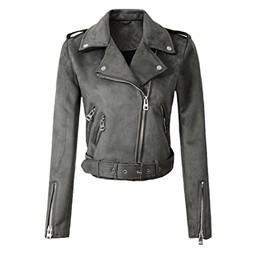 LIOPJH Damen Wildleder Lederjacken Kurz Motorradmantel Biker Faux PU Jacke Herbst Winter Chaqueta De Cuero, grau, 38 von LIOPJH