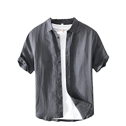 Weißes Hemd für Herren, Sommer, kurzärmelig, atmungsaktiv, Leinen-Baumwolle, Oberteile, solide Herrenkleidung, Camisa, Masculina, dunkelgrau, 58 von LIOPJH