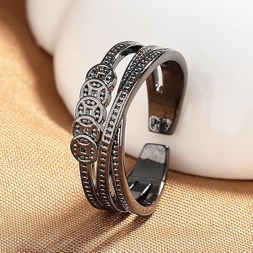 LIOYSIUT Retro verstellbare Ringe 18K schwarz Gun Plated CZ Offener Ring Münzen Glücksmünze Offener Ring Glücksring für Frauen Einzigartiger Statement-Ring Cocktail Party Ring Hypoallergen von LIOYSIUT