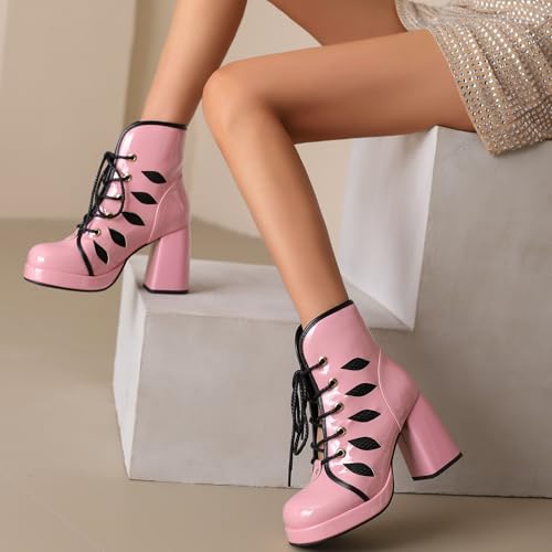 LIPIJIXI Block Heel Lace Up Vintage Platform Booties for Women Round Toe Patent Leather Ankle-High Booties Clubwear Wedding Party Casual Pink Mid Calf Boots Size 7.5 von LIPIJIXI