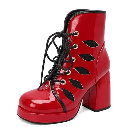 LIPIJIXI Block Heel Lace Up Vintage Platform Booties for Women Round Toe Patent Leather Ankle-High Booties Clubwear Wedding Party Casual Red Mid Calf Boots Size 7.5 von LIPIJIXI