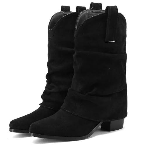 LIPIJIXI Classic Faux Suede Cowboy Boots for Women Retro Fold Over Cowgirl Boots Round Toe Chunky Heel Slip On Wide Calf Western Boots Black Wedding Party Mid Calf Boots Size 5 von LIPIJIXI