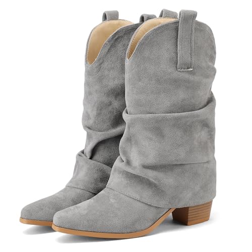 LIPIJIXI Classic Faux Suede Cowboy Boots für Frauen - Retro Fold Over Cowgirl Boots mit Rundem Zeh, Chunky Heel, Slip On, Wide Calf, Western Boots in Grau - Größe 9 von LIPIJIXI