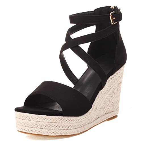 LIPIJIXI DaHerren Espadrilles Plateau Heel Cross-tied Sandalen Wedge Knöchelriemchen Dress Sandalen Schnalle Stylish Open Toe Sandalen Party Black Size 34 von LIPIJIXI