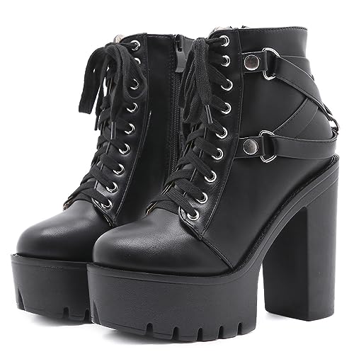 LIPIJIXI DaHerren Plateau Heel Goth Kn?chel Stiefel Rivet Punk Stiefel Black Schnüren Stiefeletten Metal Decoration Kn?chel Stiefel with Side Zipper Chunky Heel von LIPIJIXI