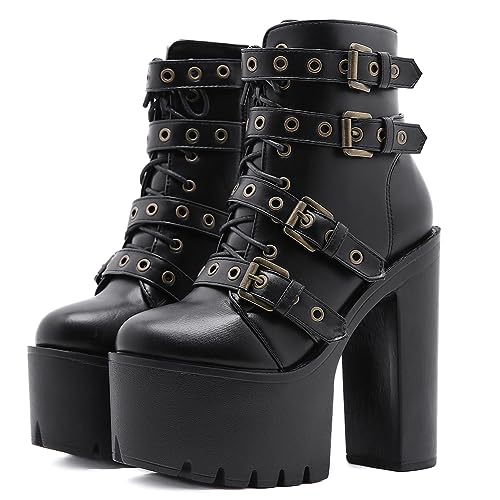 LIPIJIXI DaHerren Plateau Heel Goth Kn?chel Stiefel Rivet Punk Stiefel Black Schnüren Stiefeletten Metal Decoration Kn?chel Stiefel with Side Zipper Chunky Heel von LIPIJIXI