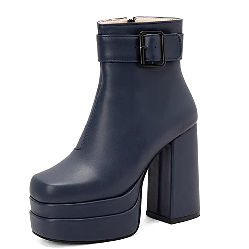 LIPIJIXI DaHerren Plateau Heels Chelsae Stiefel Block Heel Square Toe Stiefel Side Zipper Ankle High Stiefeletten Ohne Verschluss Kurze Stiefel Thick Heel Navy Size 50 von LIPIJIXI