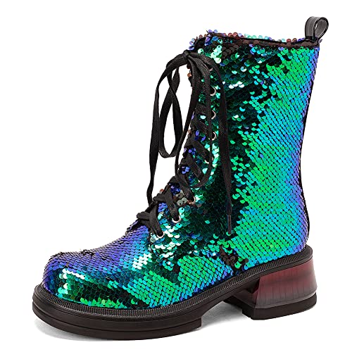 LIPIJIXI DaHerren Sequined Glitzer Knöchel Stiefel Chunky Heels Sparkly Stiefeletten Schnüren Sparkly Knöchel Stiefel Runde Zehen Gold Sequin Ankle Stiefeletten Size 42 von LIPIJIXI
