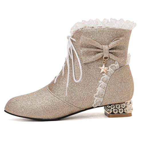 LIPIJIXI DaHerren Süss Sparkly Low Heel Lolita Kn?chel Stiefel Schnüren Bow Glitzer Brogue Sü? Jeans Bogen Kurze Stiefel Party Gold Stiefeletten Size 6 von LIPIJIXI