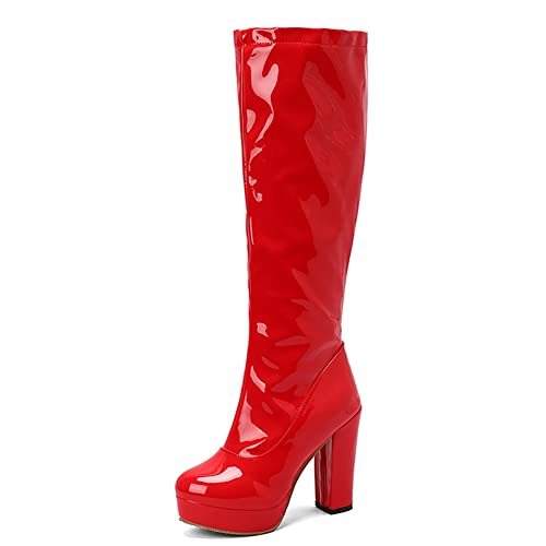 LIPIJIXI DaHerren Thick Heel GOGO Stiefel Runde Zehen Chunky Heels Mid Calf Stiefel Elegant Buro Knee Höhe Stiefel Plateau Retro Stiefel Lack Red Size 40 von LIPIJIXI