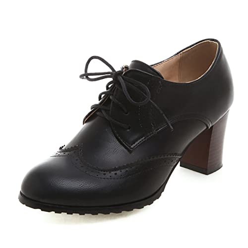 LIPIJIXI Damen Mode Absatz Chunky Brogue Klassischer Goth Pumps Schnüren Pointed Toe Pumps Snake Print Mid Heel Pumps Lack Black Size 35 von LIPIJIXI