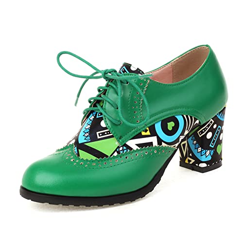 LIPIJIXI Damen Mode Absatz Chunky Brogue Klassischer Goth Pumps Schnüren Pointed Toe Pumps Snake Print Mid Heel Pumps Lack Green Size 41 von LIPIJIXI