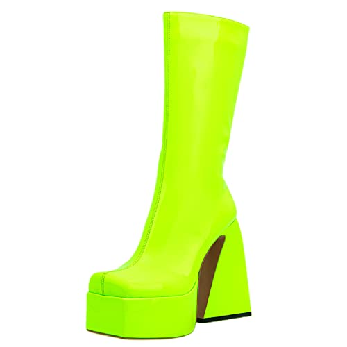 LIPIJIXI Damen Plateau Stiefel Plateau Heels Stiefel Chunky Heel Square Toe Stiefel Chunky Ankle High Snake Pattern Stiefel Mid Calf Stiefel Fluorescent green Size 41 von LIPIJIXI