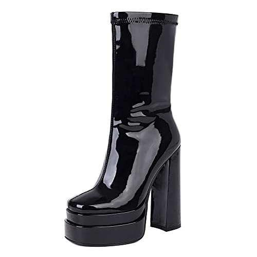 LIPIJIXI Damen Plateau Stiefel Plateau Heels Stiefel Chunky Heel Square Toe Stiefel Chunky Ankle High Snake Pattern Stiefel Mid Calf Stiefel Lack Black Size 37 von LIPIJIXI