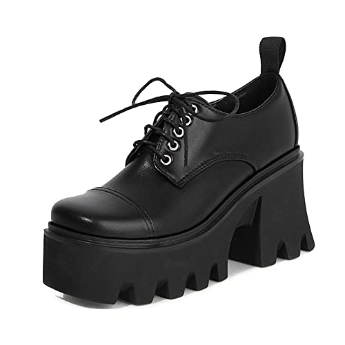 LIPIJIXI Damen Plateaus Goth Lolita Schuhe Mary Jane Plateau Pumps with Schnüren Runde Zehen Chunky Thick Heel Uniform Dress Schuhe Lack Black Size 41 von LIPIJIXI