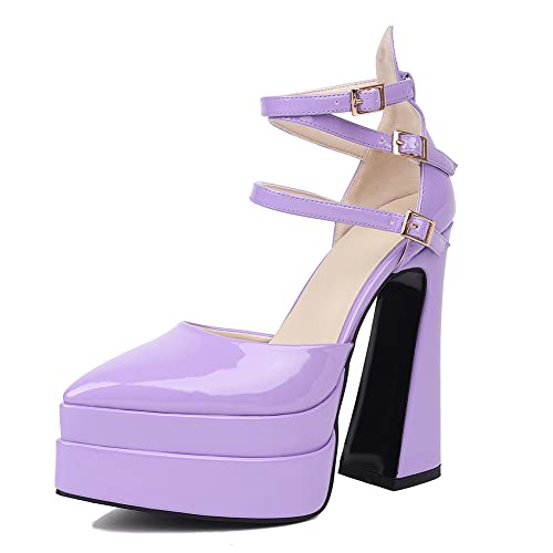 LIPIJIXI Damens Double Plateau Heels Block Heels Knöchelriemchen Schnalles Flachform Dress Pumps Pointed Toe Hot High Heel Purple Satin Sandal Size 36 von LIPIJIXI
