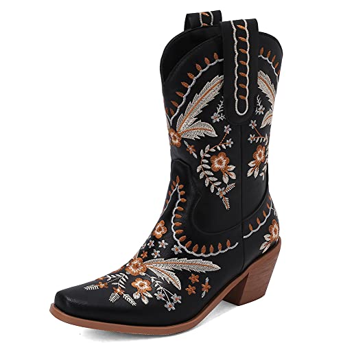 LIPIJIXI Damens Embroidered Cowgirl Stiefel Pull On Cowboy Stiefel für Frauen Blumen Low Chunky Heel Western Stiefel Black Hochzeit Braut Dress Ankle Stiefeletten von LIPIJIXI