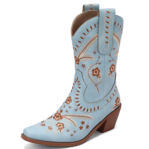 LIPIJIXI Damens Embroidered Cowgirl Stiefel Pull On Cowboy Stiefel für Frauen Blumen Low Chunky Heel Western Stiefel Blue Hochzeit Braut Dress Ankle Stiefeletten von LIPIJIXI