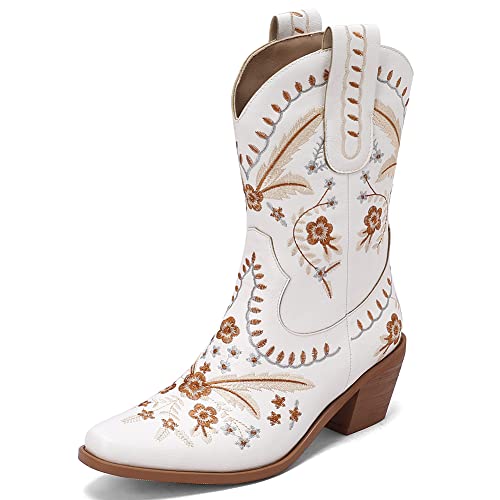 LIPIJIXI Damens Embroidered Cowgirl Stiefel Pull On Cowboy Stiefel für Frauen Blumen Low Chunky Heel Western Stiefel White Hochzeit Braut Dress Ankle Stiefeletten von LIPIJIXI