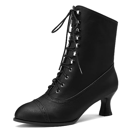 LIPIJIXI Damens Kitten Heel Victorian Stiefel Black Schnüren Knöchel Stiefel für Frauen Low Heel Jahrgang Granny Stiefel Hochzeit Party Jeans Stiefeletten Size 9 von LIPIJIXI