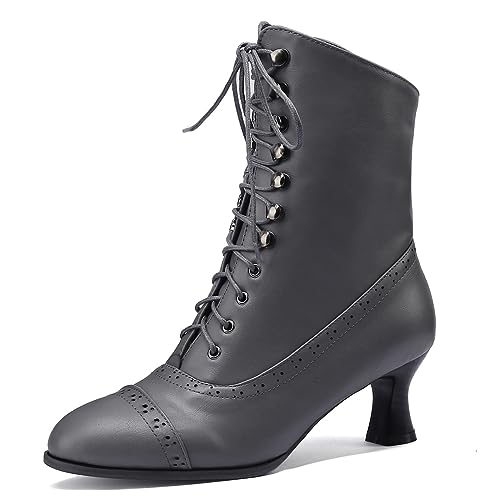 LIPIJIXI Damens Kitten Heel Victorian Stiefel Grey Schnüren Knöchel Stiefel für Frauen Low Heel Jahrgang Granny Stiefel Hochzeit Party Jeans Stiefeletten Size 9 von LIPIJIXI