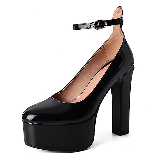 LIPIJIXI Damens Kn?Chelriemchen Thick Heel Plateau Pumps Runde Zehen Block Heels Prom Pumps Schnalles Flachform Dress ScHöhe Black Sexy Höhe Ferse Size 33 von LIPIJIXI