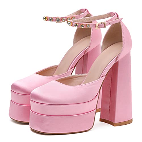 LIPIJIXI Damens Plateau Chunky High Block Heels Kn?Chelriemchen Schnalles Wedge Dress Pumps Silk Satin Square Toe Hot High Heel Pink Size 40 von LIPIJIXI