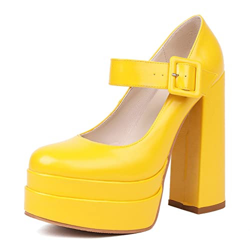 LIPIJIXI Damens Sparkly Plateau Heels Block Heels Knöchelriemchen Schnalles Flachform Dress Pumps Crisscross Runde Zehen High Heel Yellow Lack Sandal Size 36 von LIPIJIXI