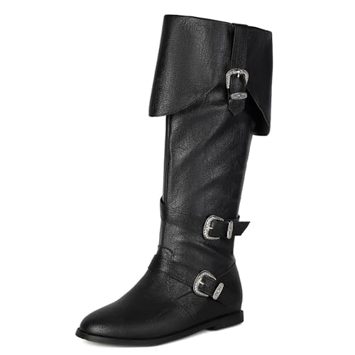 LIPIJIXI Fashion Fold Collar Pirate Mid Calf Boots for Women Side Zipper Buckle Round Toe Low Heel Halloween Renaissance Gothic Medieval Cosplay Black Boots Size 9.5 von LIPIJIXI