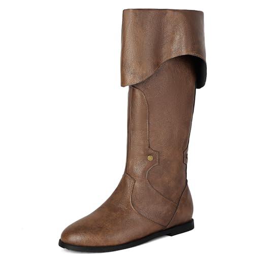 LIPIJIXI Fashion Fold Collar Pirate Mid Calf Boots for Women Side Zipper Buckle Round Toe Low Heel Halloween Renaissance Gothic Medieval Cosplay Brown Boots Size 11 von LIPIJIXI