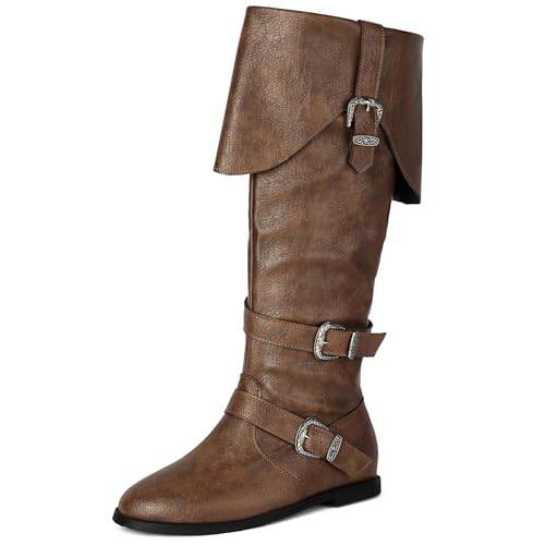 LIPIJIXI Fashion Fold Collar Pirate Mid Calf Boots for Women Side Zipper Buckle Round Toe Low Heel Halloween Renaissance Gothic Medieval Cosplay Brown Boots Size 6 von LIPIJIXI