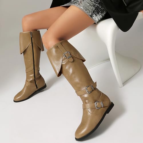 LIPIJIXI Fashion Fold Collar Pirate Mid Calf Boots for Women Side Zipper Buckle Round Toe Low Heel Halloween Renaissance Gothic Medieval Cosplay Khaki Boots Size 10 von LIPIJIXI