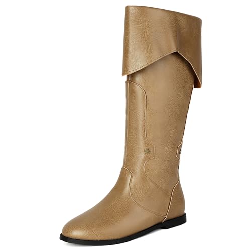 LIPIJIXI Fashion Fold Collar Pirate Mid Calf Boots for Women Side Zipper Buckle Round Toe Low Heel Halloween Renaissance Gothic Medieval Cosplay Khaki Boots Size 10 von LIPIJIXI