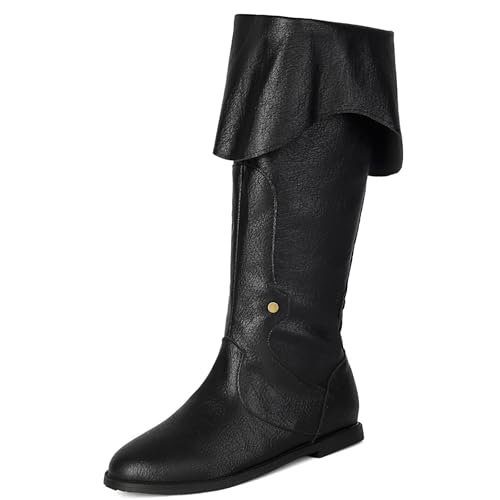 LIPIJIXI Fashion Fold Collar Pirate Mid Calf Boots for Women Side Zipper Buckle Round Toe Low Heel Halloween Renaissance Gothic Medieval Cosplay Khaki Boots Size 10.5 von LIPIJIXI