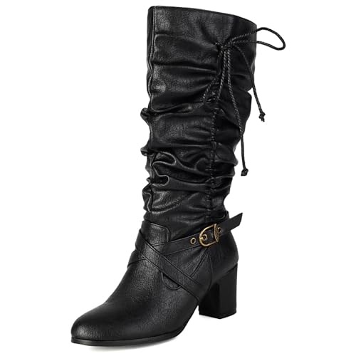 LIPIJIXI Fashion Harness Slouch Knee High Boots for Women Block Heel Buckled Slip On Round Toe Clubwear Party Evening Wedding PU Leather Black Pleated Harness Boots Size 9.5 von LIPIJIXI