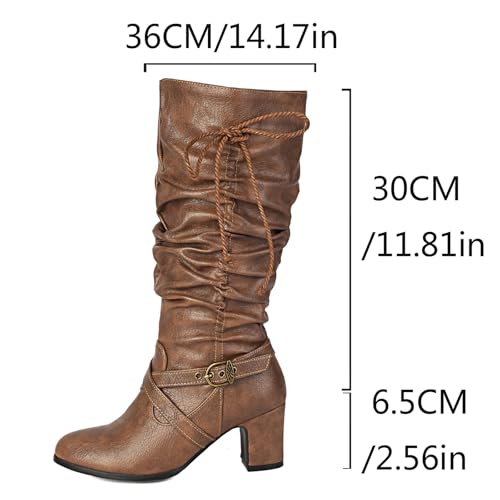 LIPIJIXI Fashion Harness Slouch Knee High Boots for Women Block Heel Buckled Slip On Round Toe Clubwear Party Evening Wedding PU Leather Brown Pleated Harness Boots Size 10 von LIPIJIXI