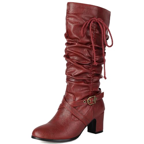 LIPIJIXI Fashion Harness Slouch Knee High Boots for Women Block Heel Buckled Slip On Round Toe Clubwear Party Evening Wedding PU Leather claret Pleated Harness Boots Size 10 von LIPIJIXI