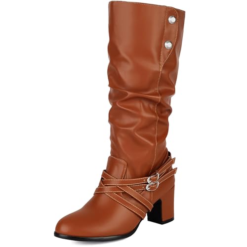 LIPIJIXI Fashion Metal Decoration Slouch Boots for Women Block Heel Buckled Slip On Round Toe Clubwear Party Evening Wedding PU Leather Yellow Pleated Mid Calf Boots Size 6 von LIPIJIXI