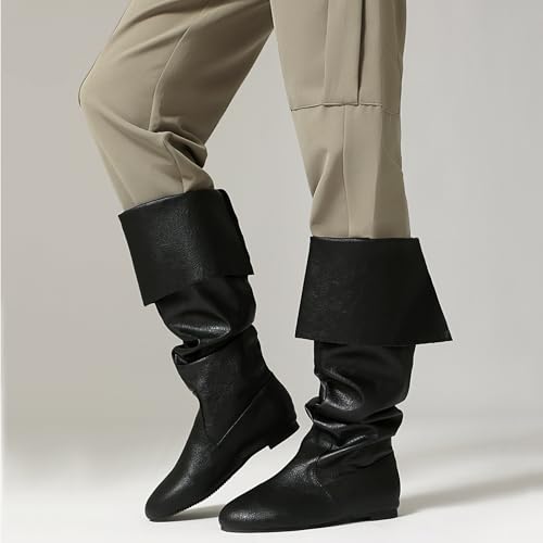 LIPIJIXI Fashion Pirate Pleated Fold Collar Boots for Women Side Zipper Round Toe Hidden Heel Halloween Renaissance Gothic Medieval Cosplay Black Slouch Mid Calf Boots Size 9.5 von LIPIJIXI