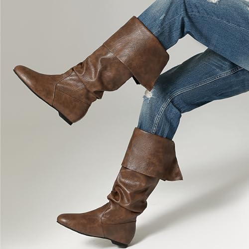 LIPIJIXI Fashion Pirate Pleated Fold Collar Boots for Women Side Zipper Round Toe Hidden Heel Halloween Renaissance Gothic Medieval Cosplay Brown Slouch Mid Calf Boots Size 4 von LIPIJIXI