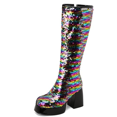 LIPIJIXI Fashion Platform Sequined Cloth Halloween GoGo Boots for Women Round Toe Disco Chunky High Heels Metallic Side Zipper Evening Clubwear Wedding Party 70s Colorful Knee High Boots Size 12.5 von LIPIJIXI