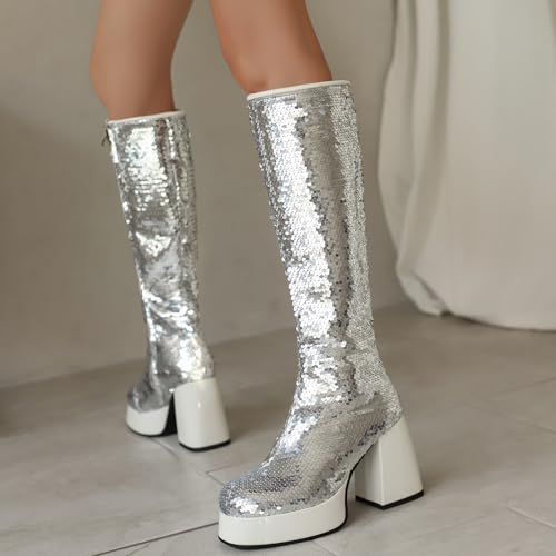 LIPIJIXI Fashion Platform Sequined Cloth Halloween GoGo Boots for Women Round Toe Disco Chunky High Heels Metallic Side Zipper Evening Clubwear Wedding Party 70s Silver Knee High Boots Size 12.5 von LIPIJIXI