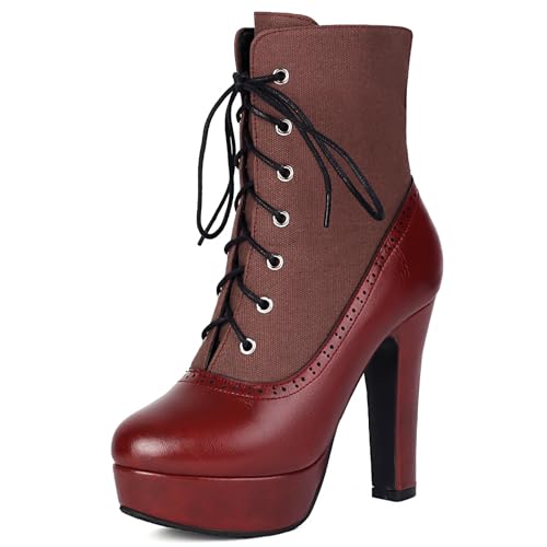 LIPIJIXI High Heels Mixed Colors Platform Booties for Women Round Toe Lace Up Ankle-High Boots Chunky High Heel Evening Clubwear Wedding Party Red PU Leather Mid Calf Boots Size 8 von LIPIJIXI