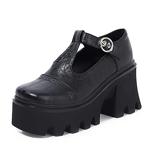 LIPIJIXI Lolita Schuhe Goth Plateau Schuhe Mary Janes Schnalle Strap Runde Zehen Chunky Thick Heel Punk Pumps Uniform Dress Schuhe LackBlack Size 39 von LIPIJIXI