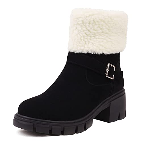 LIPIJIXI Low Heel Winterstiefel für Frauen Side Zipper Wildleder Schnalle Warm Gefüttert Stiefel Chunky Heel Schneestiefel Runde Zehen Faux Fell Snow Knöchel Stiefel Black size 42 von LIPIJIXI