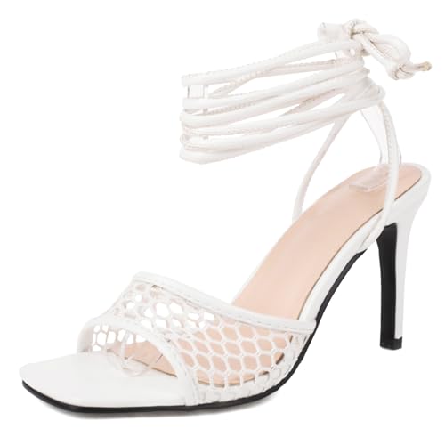 LIPIJIXI Mesh Schnüren Heels für Frauen Stiletto Heel Strappy Sandalen Tie Up Sandalen White Square Toe Party Dress Abend Hochzeit Sandalen Size 10 von LIPIJIXI